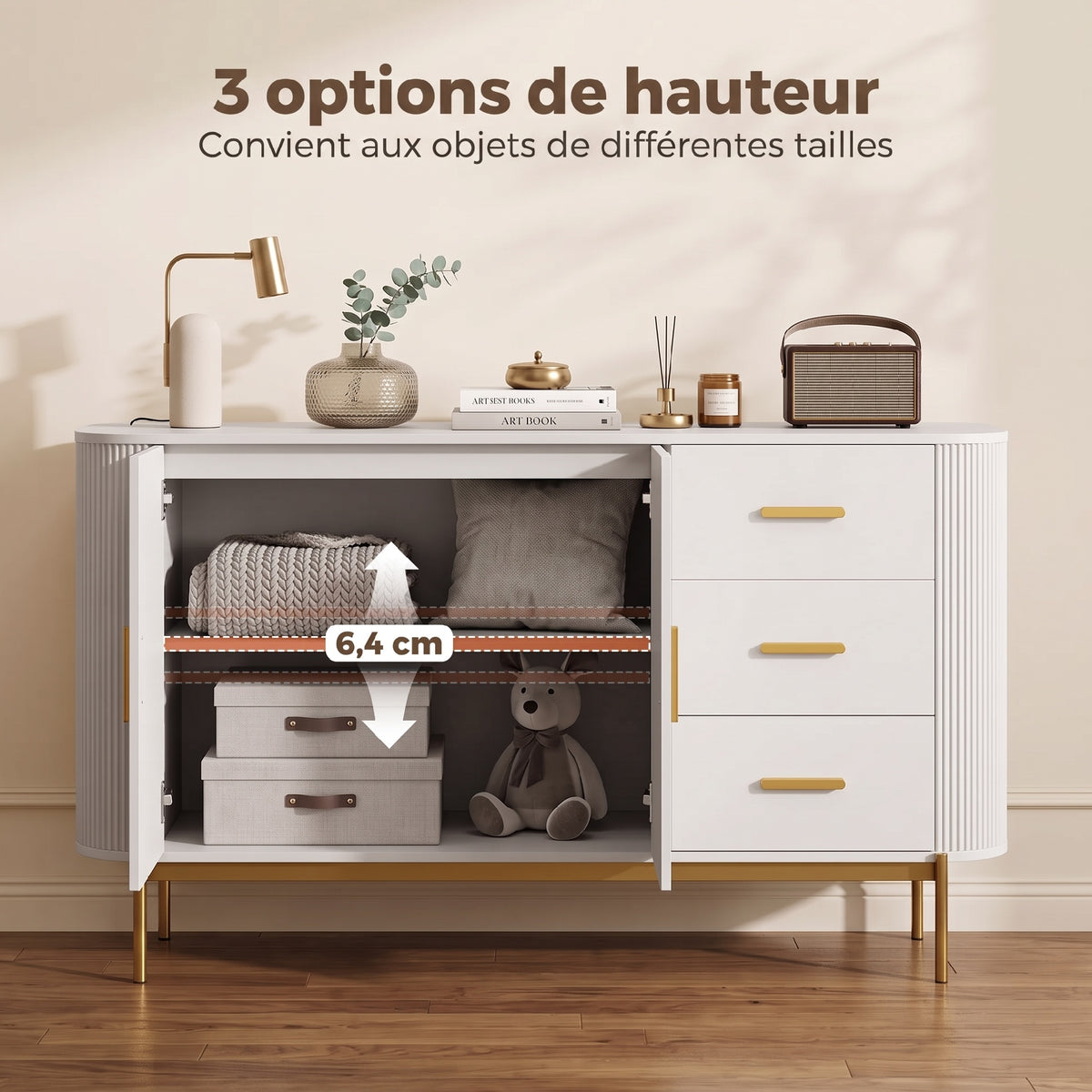 Buffet Salon, Meuble de Rangement avec 2 Portes, 3 Tiroirs, Étagère Réglable et Façade Rainurée, 140x44x79cm, Gris Clair