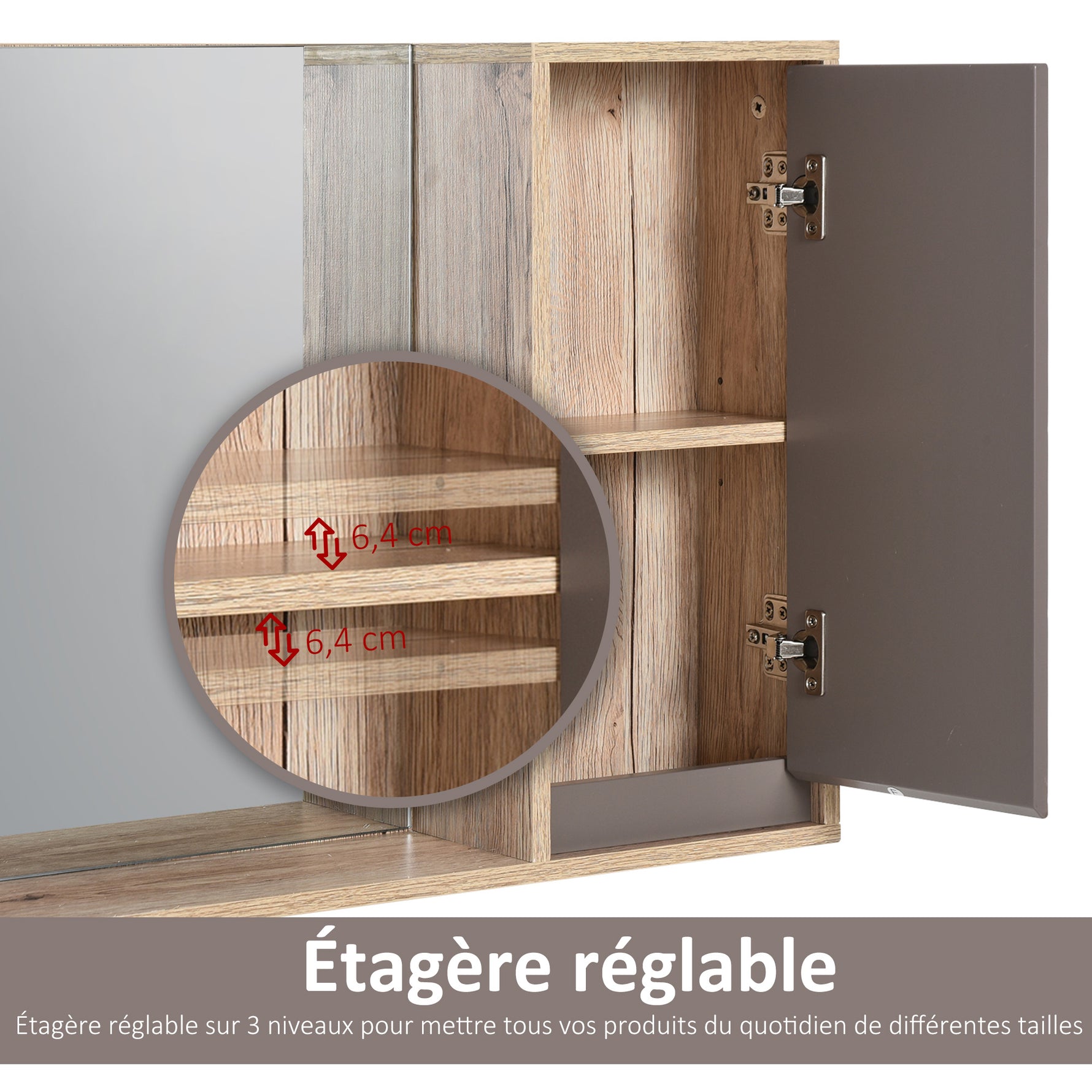 Miroir de Salle de Bain avec étagère et Placard - système Fixation intégré - Panneaux Particules chêne Clair Gris