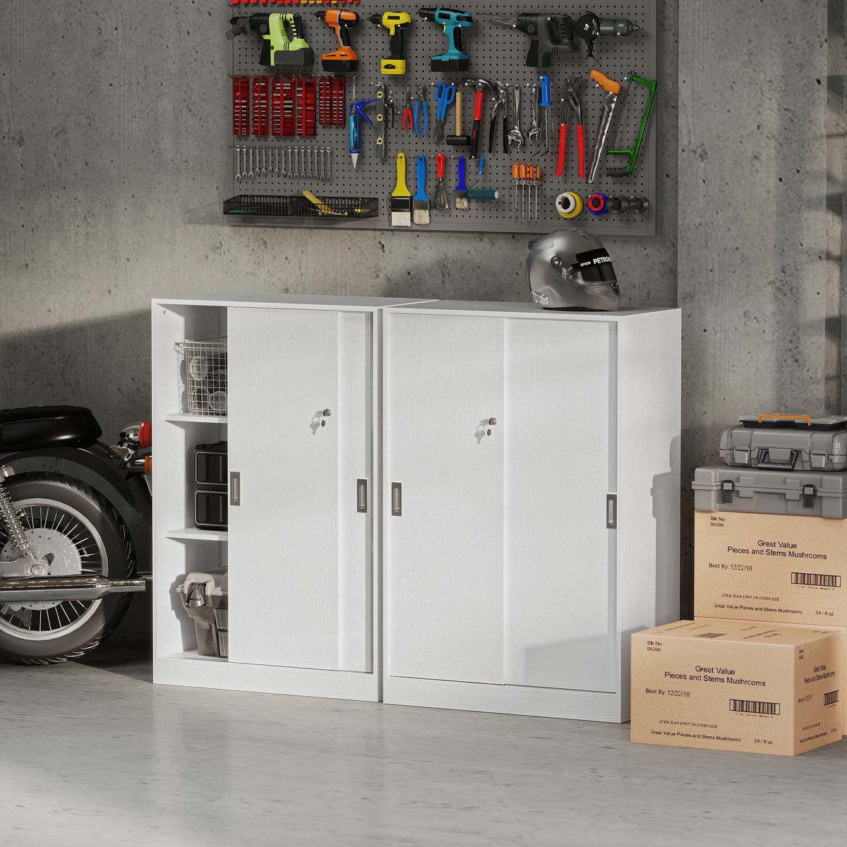 Armoire de Bureau 2 Portes coulissantes verrouillables dim. 80L x 40l x 120H cm 2 étagères en Bois Blanc