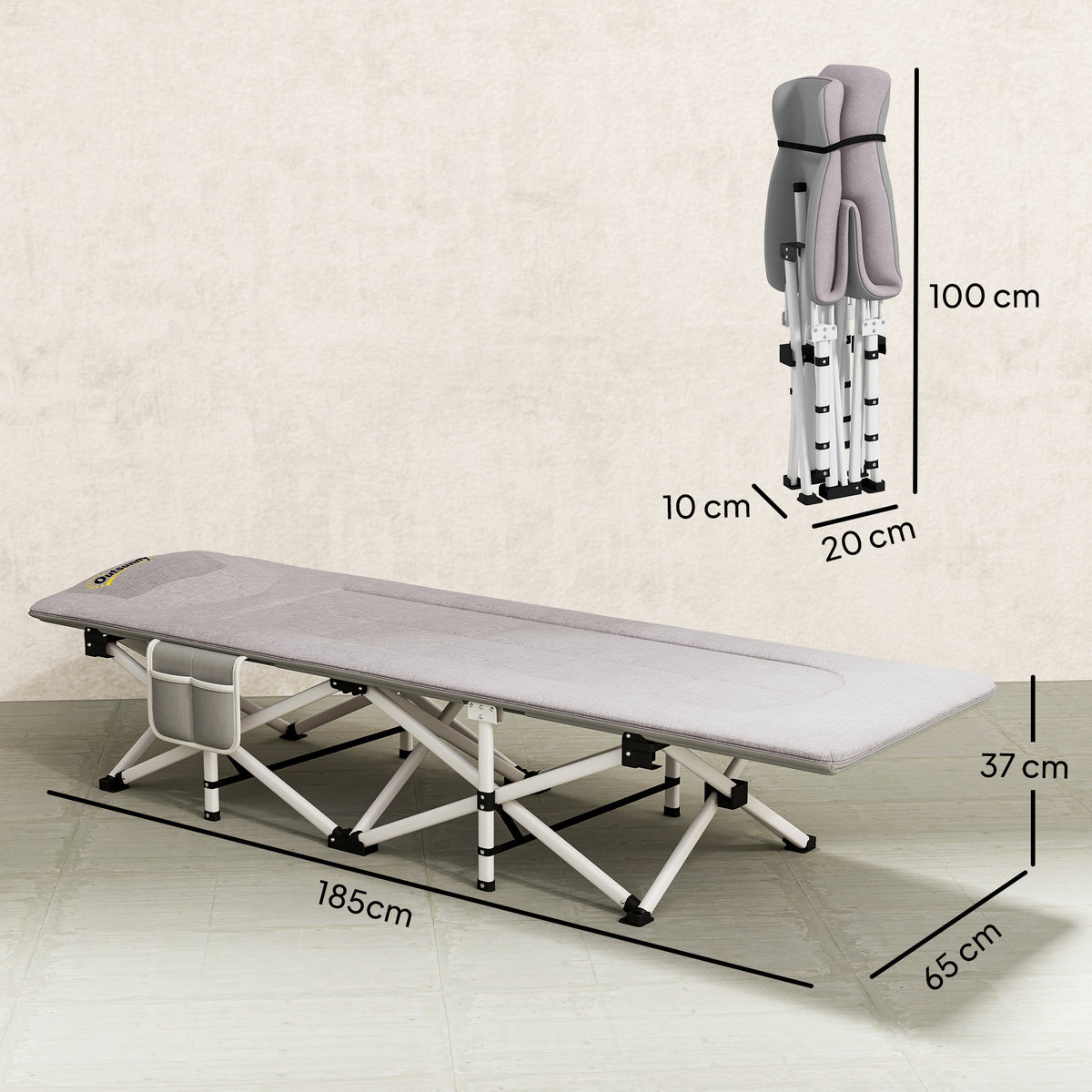Cama de camping plegable con colchón, tumbona, silla reclinable y bolsa de almacenamiento integrada, dim. 185L x 65l x 37H cm, gris