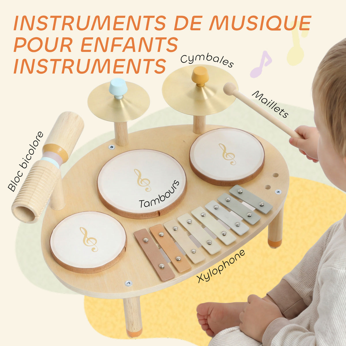 Jeux de Tambours pour Bébé, Tambour bébé avec Xylophone pour Tout-Petits, Instruments de Musique en Bois, Naturel