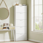 Meuble à chaussures 15 paires, armoire à chaussures étroite moderne avec 5 tiroirs rabattables, 65 x 17 x 180,5 cm blanc