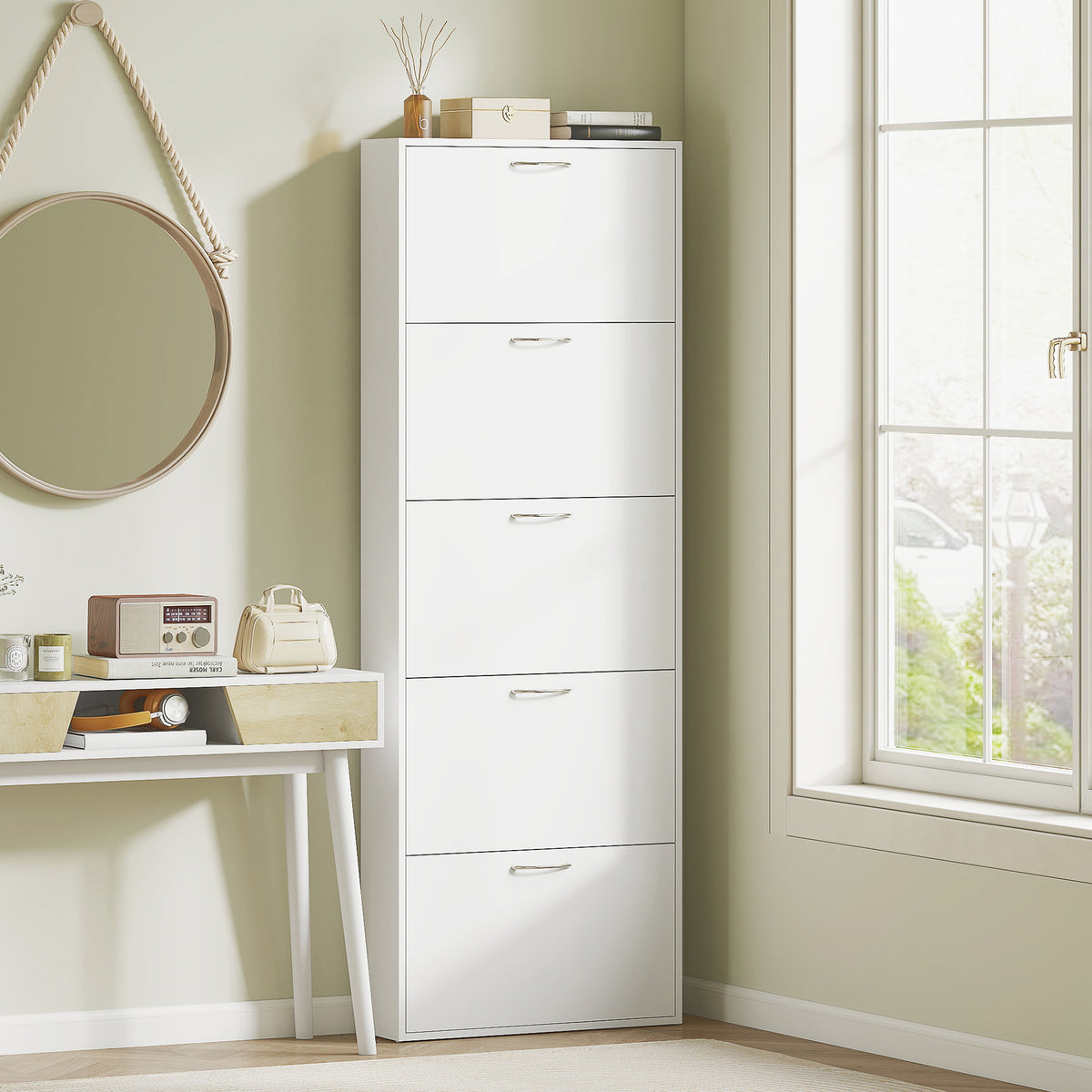 Meuble à chaussures 15 paires, armoire à chaussures étroite moderne avec 5 tiroirs rabattables, 65 x 17 x 180,5 cm blanc