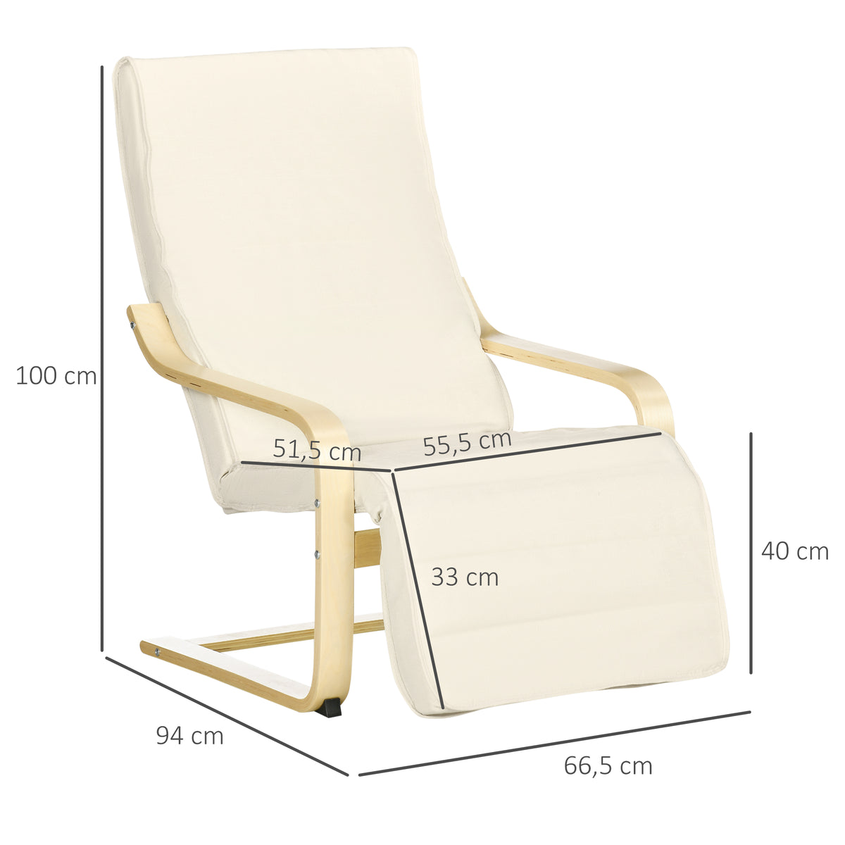 Relaxfauteuil Comfort en Ontspanning met verstelbare, afneembare voetensteun 94 x 66,5 x 100 cm Massief Hout Crème