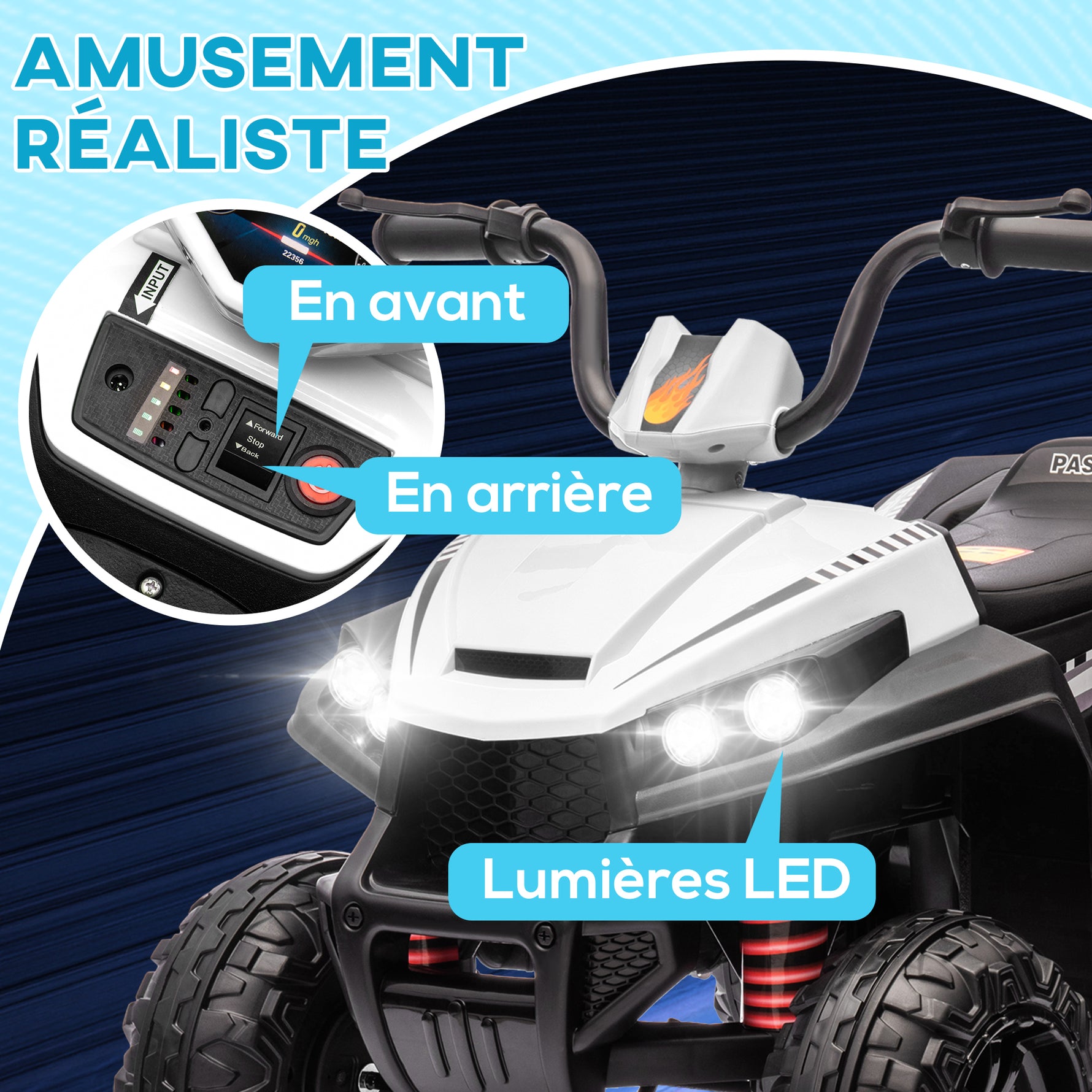 Quad électrique enfant 12 V voiture électrique 2 moteurs marche avant et arrière 37-60 mois 85 x 55,5 x 62 cm blanc