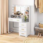 Coiffeuse avec miroir et 9 lumières LED, 4 tiroirs et 6 compartiments ouverts, 100 x 40 x 138 cm, blanc