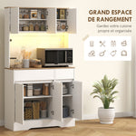 Buffet cuisine meuble cuisine rangement haut avec lumière LED RGB, plan de travail, 6 portes, 2 tiroirs, blanc