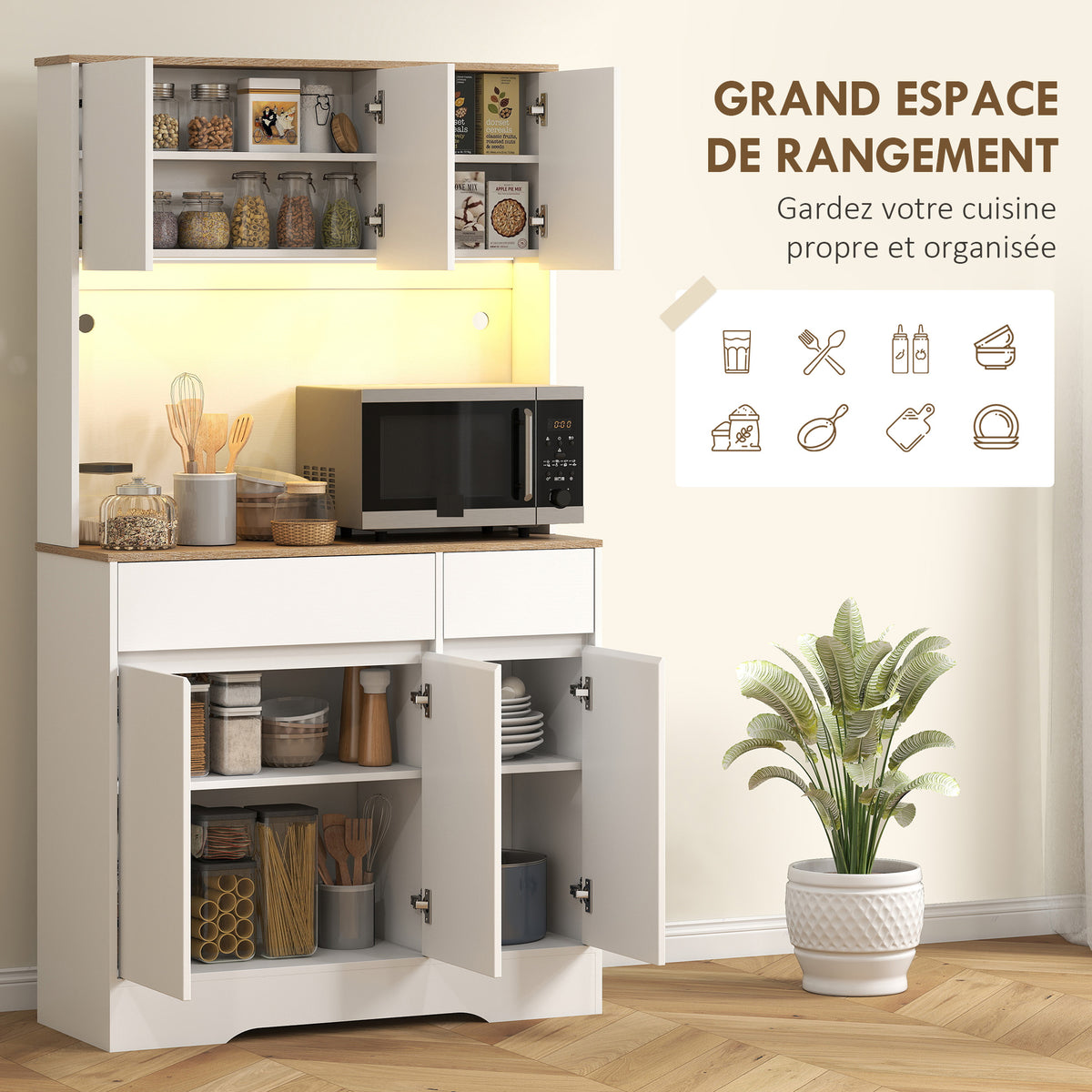 Buffet cuisine meuble cuisine rangement haut avec lumière LED RGB, plan de travail, 6 portes, 2 tiroirs, blanc
