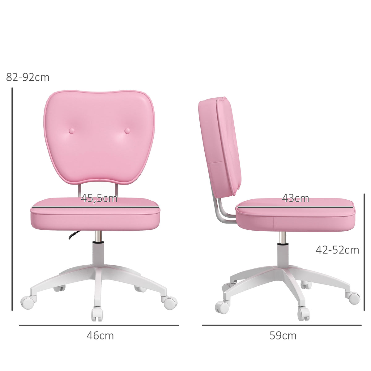 Chaise de bureau sans accoudoirs, fauteuil de bureau, hauteur réglable, pivotant 360°, 46 x 59 x 82-92 cm, rose