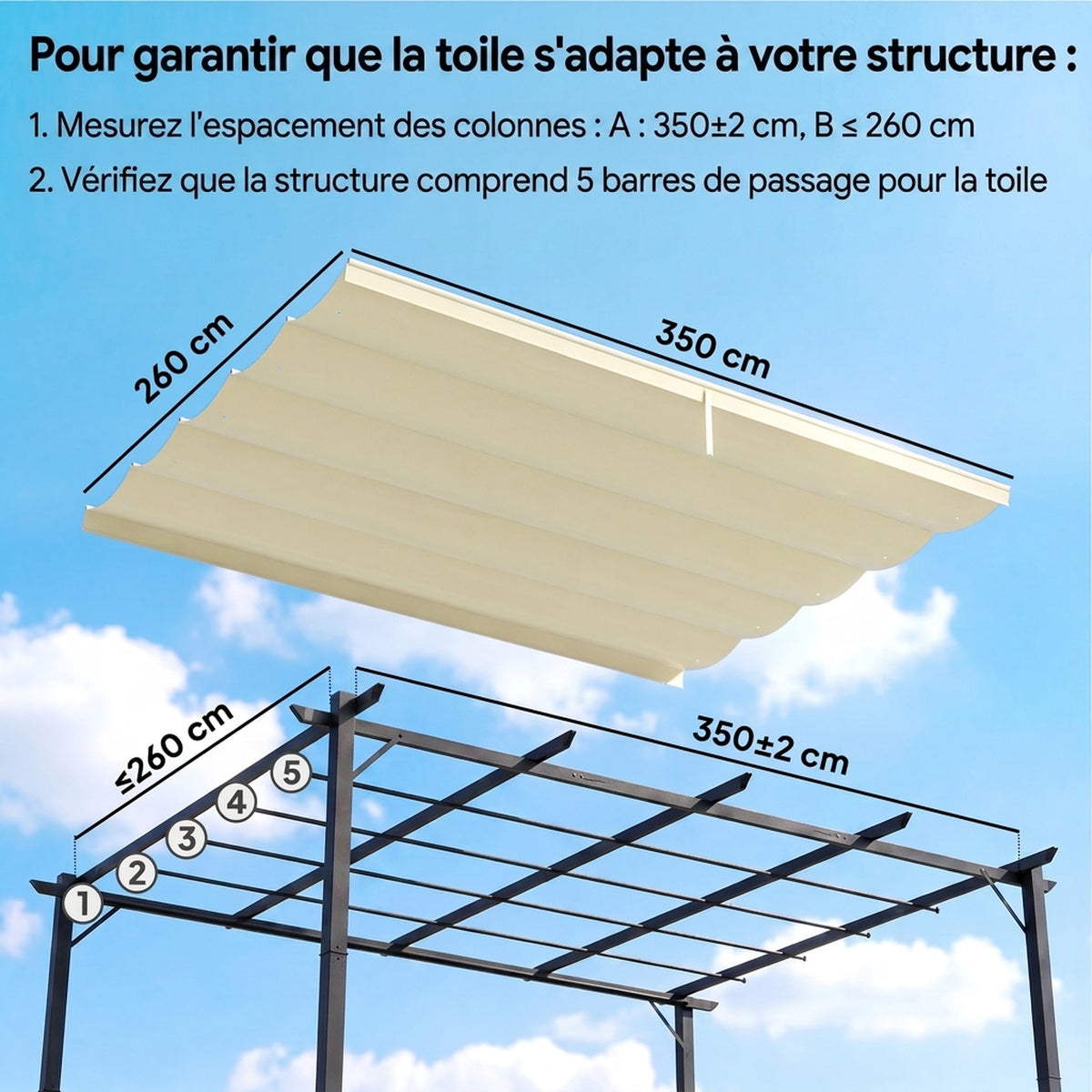Toile de toit pour pergola tonnelle rétractable de 4 x 3 m - toile uniquement 350 x 260 cm crème
