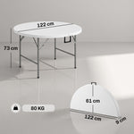 Ø122 cm-ko lorategiko mahai borobil tolesgarria, 6 pertsonarentzako egokia ekitaldietarako, metalezko egitura, HDPE gainazala