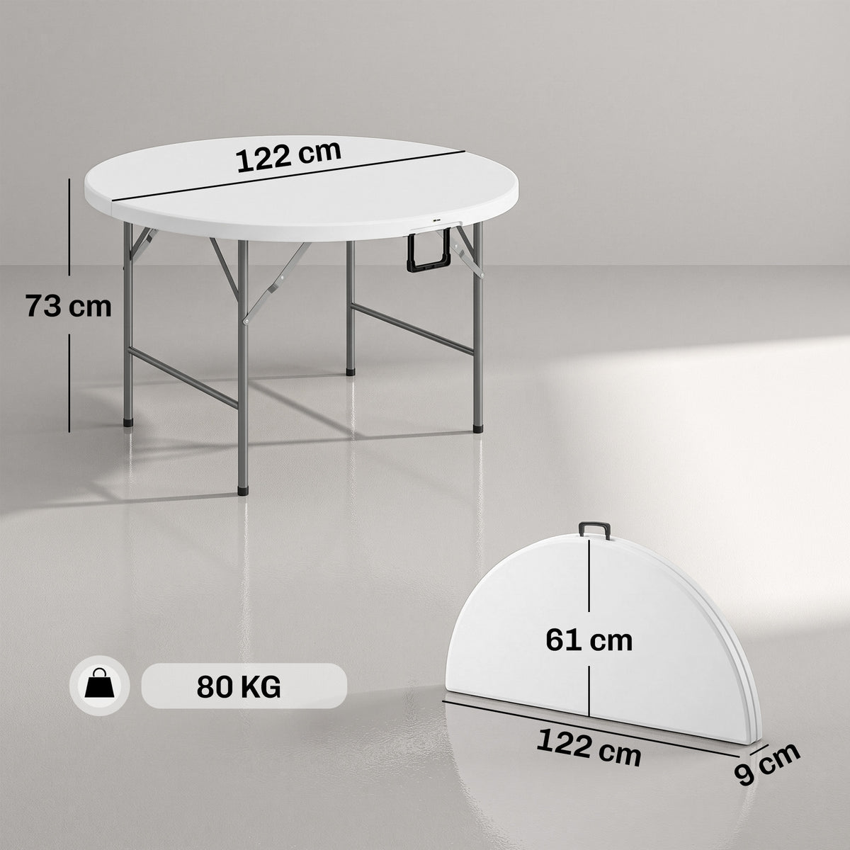 Ø122 cm-ko lorategiko mahai borobil tolesgarria, 6 pertsonarentzako egokia ekitaldietarako, metalezko egitura, HDPE gainazala