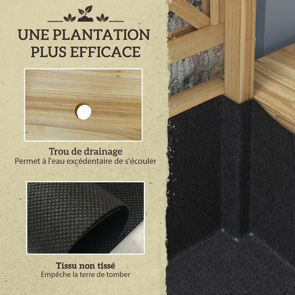 Jardinière rectangulaire sur pieds avec treillis 2 tablettes latérales rabattables 1 étagère inférieure bois