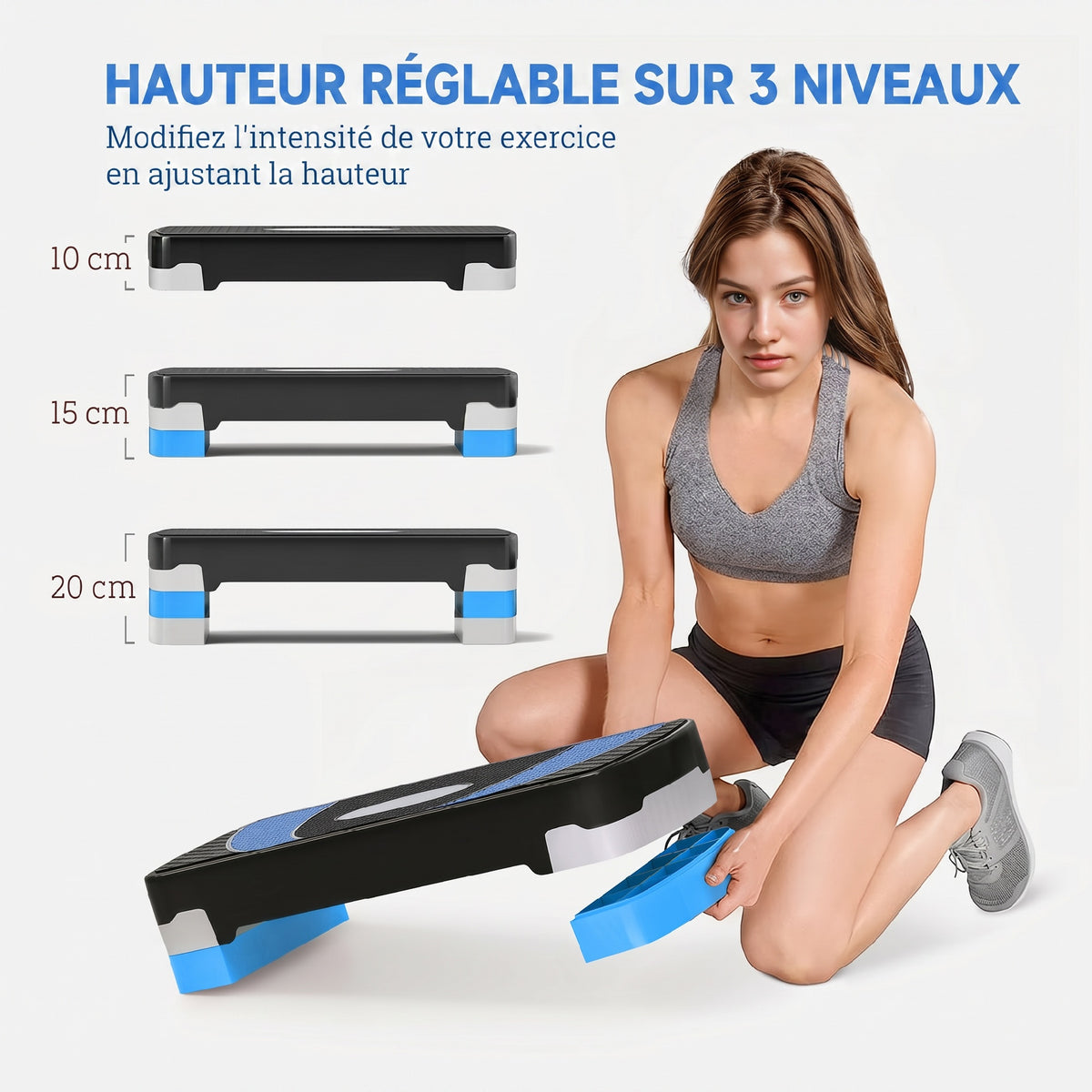 Stepper Fitness Aérobic hauteur réglable 10/15/20 cm surface antidérapante 80 x 31 x 20 cm noir bleu