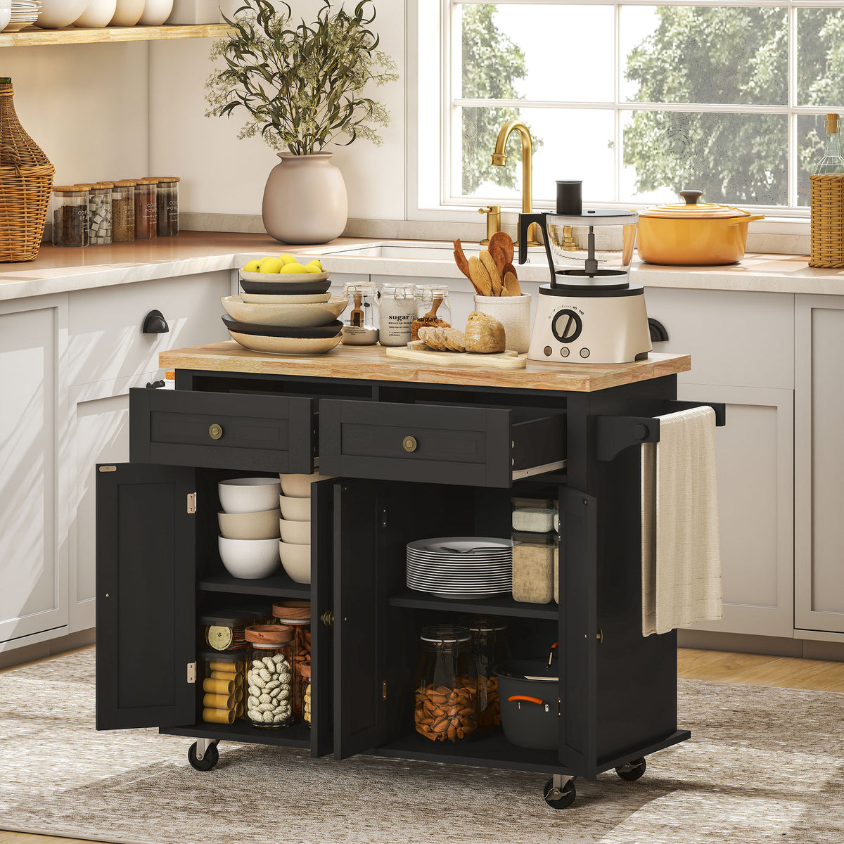 Desserte ilôt de cuisine multi rangements 2 tiroirs 2 placard 2 portes avec étagère range-bouteille