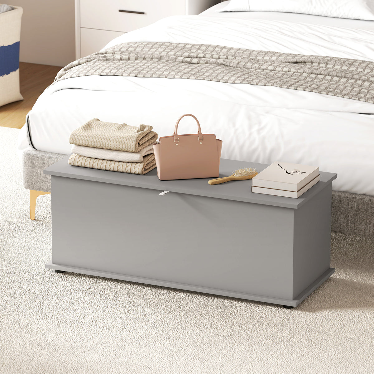 Coffre de rangement, banc de rangement avec couvercle rabattable et charnières de sécurité, 100 x 40 x 40 cm, gris