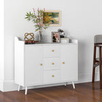 Buffet, meuble de rangement avec 2 portes, 3 tiroirs et pieds en bois massif, style moderne, 90 x 32 x 80 cm, blanc