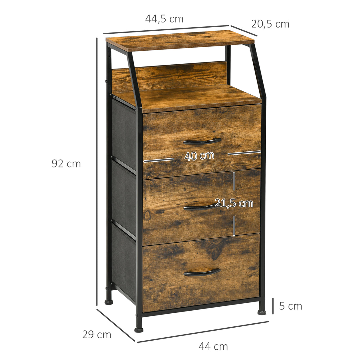 Estilo industrialeko biltegiratze-altzaria, 3 tiradera aldagarri (oihalezkoak) eta 2 apal dituen komoda - 44 x 29 x 92 cm - egurra eta metala