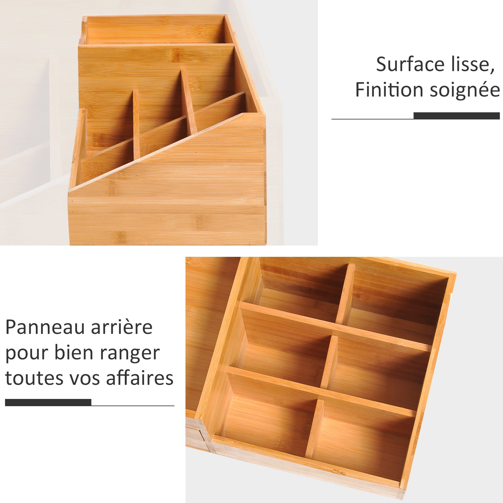 Boite de Rangement de Bureau - Organiseur de Bureau - 7 Compartiments, 2 tiroirs - Bambou Verni, Bambou