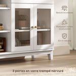 Buffet salon avec placard à portes en verre trempé nervuré, tiroir, 3 compartiments ouverts et étagères réglables, blanc