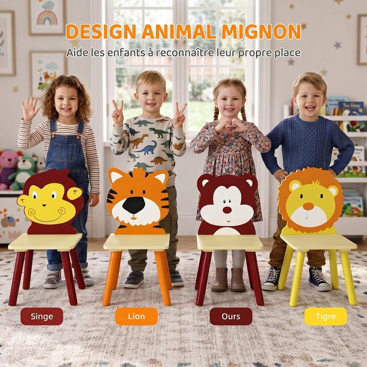 Kinderkamertafelset met 4 stoelen, 5-delig houten meubelset, rugleuningen in diervorm, afgeronde hoeken, 3-8 jaar, geel