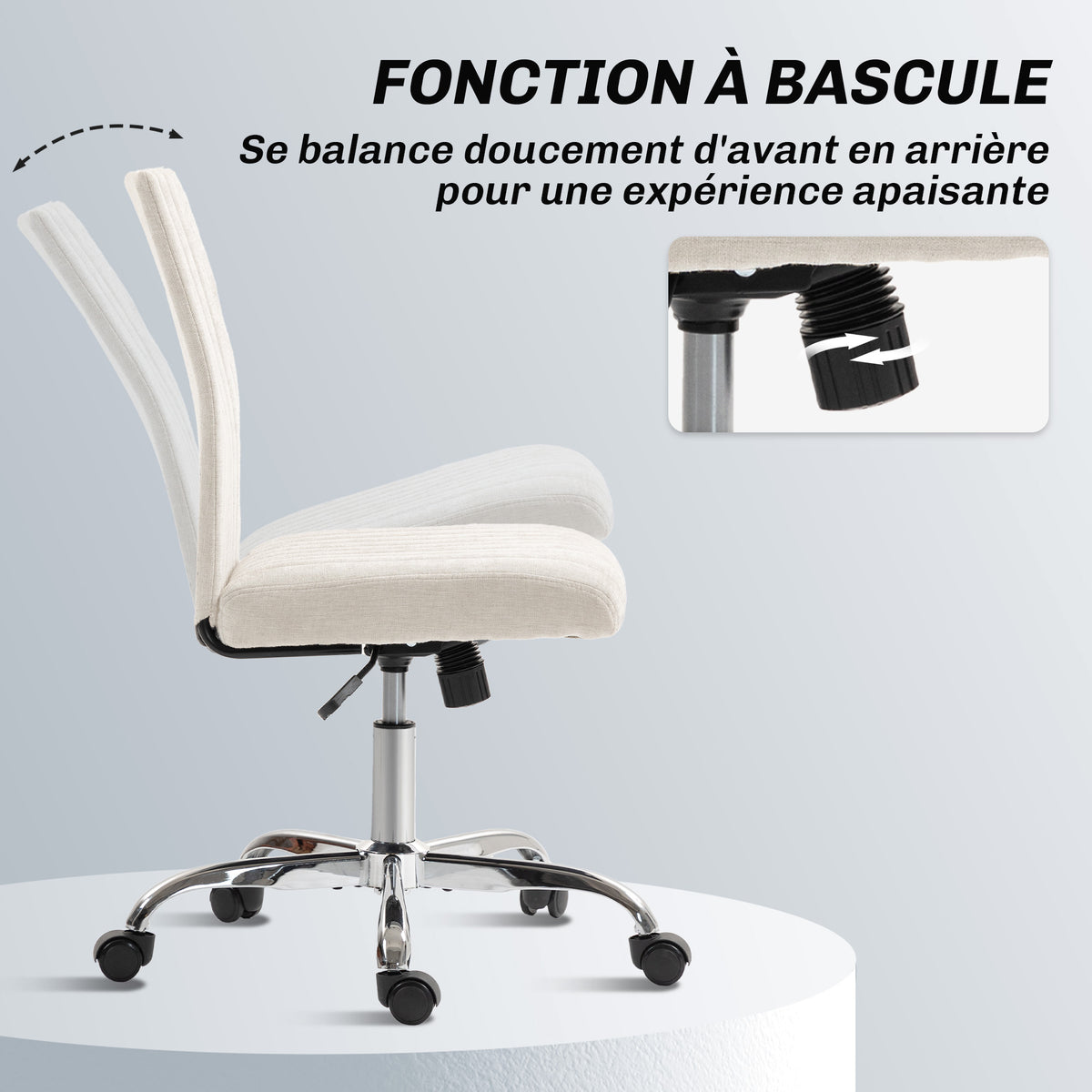 Chaise de bureau sans accoudoirs, fauteuil de bureau, hauteur réglable et pivotant 360°, 43 x 56 x 89-99 cm, crème