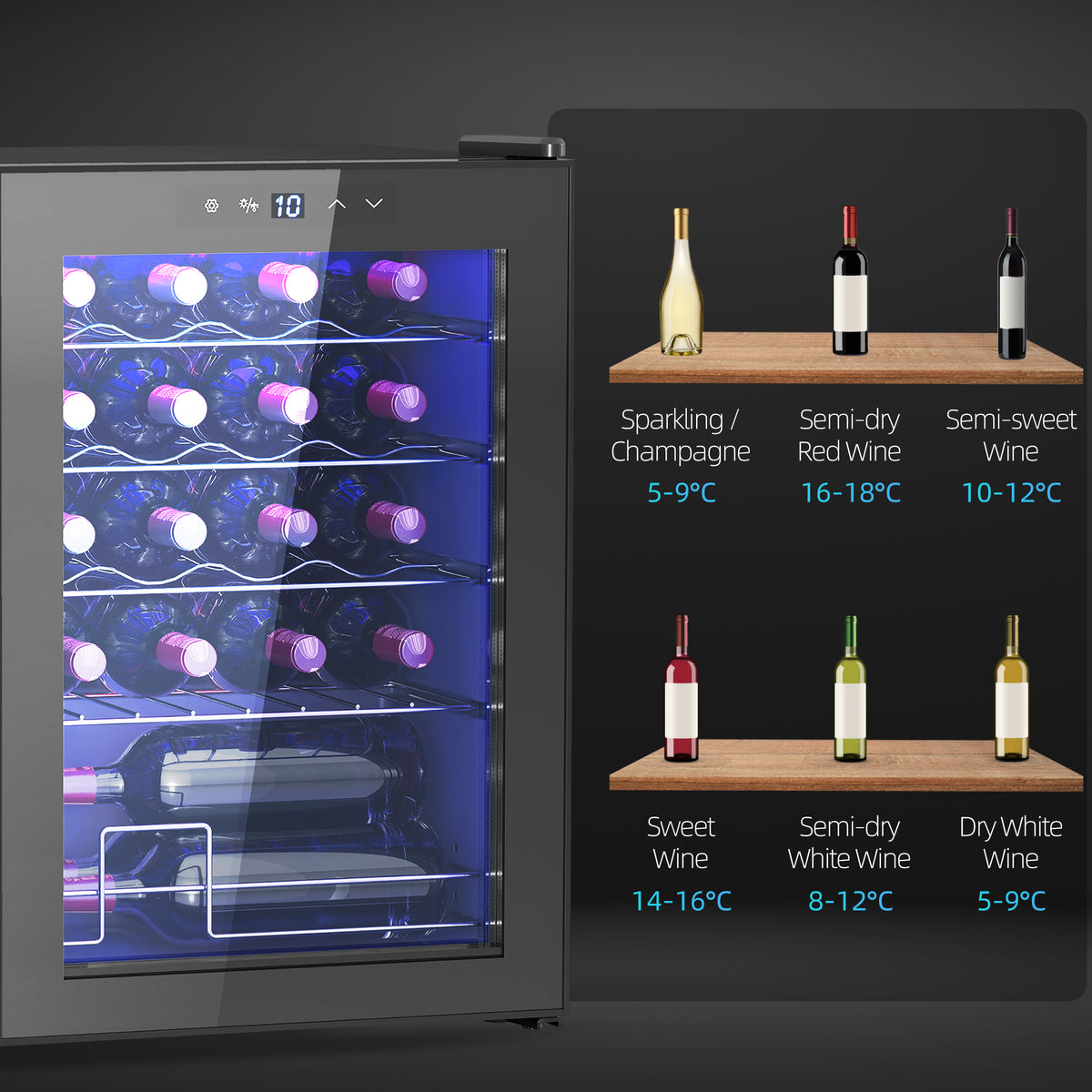 Cave à vin 20 bouteilles 53L haute performance température réglable 5-18° avec lumière LED, noir