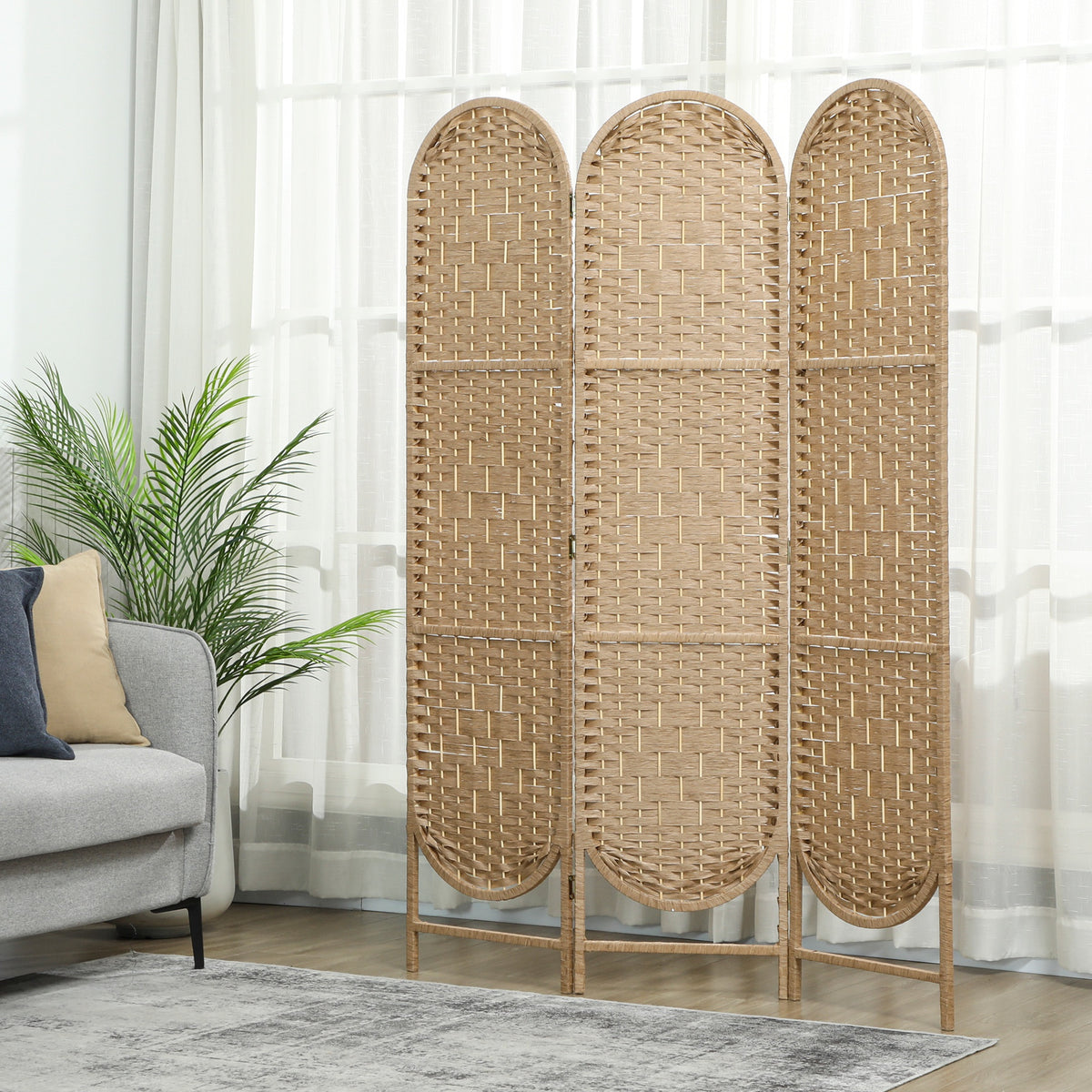 Paravent interieur ovale 3 panneaux 120 x 170 cm séparateur de pièce pliable, léger et tissé, bois naturel