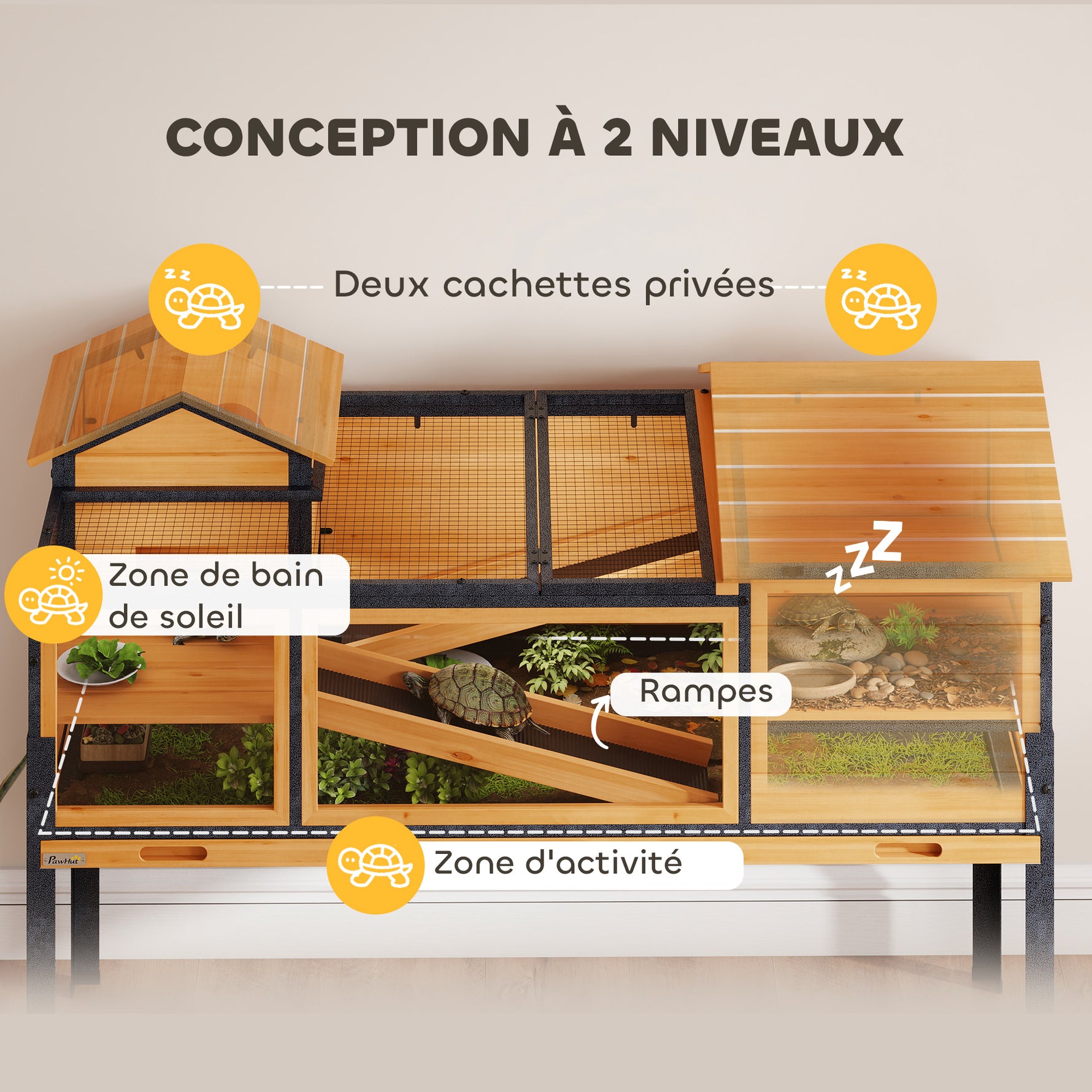 Maison pour tortues à 2 étages 2 chambres fenêtres rampes toit ouvrable et plateau 128 x 63 x 96 cm jaune