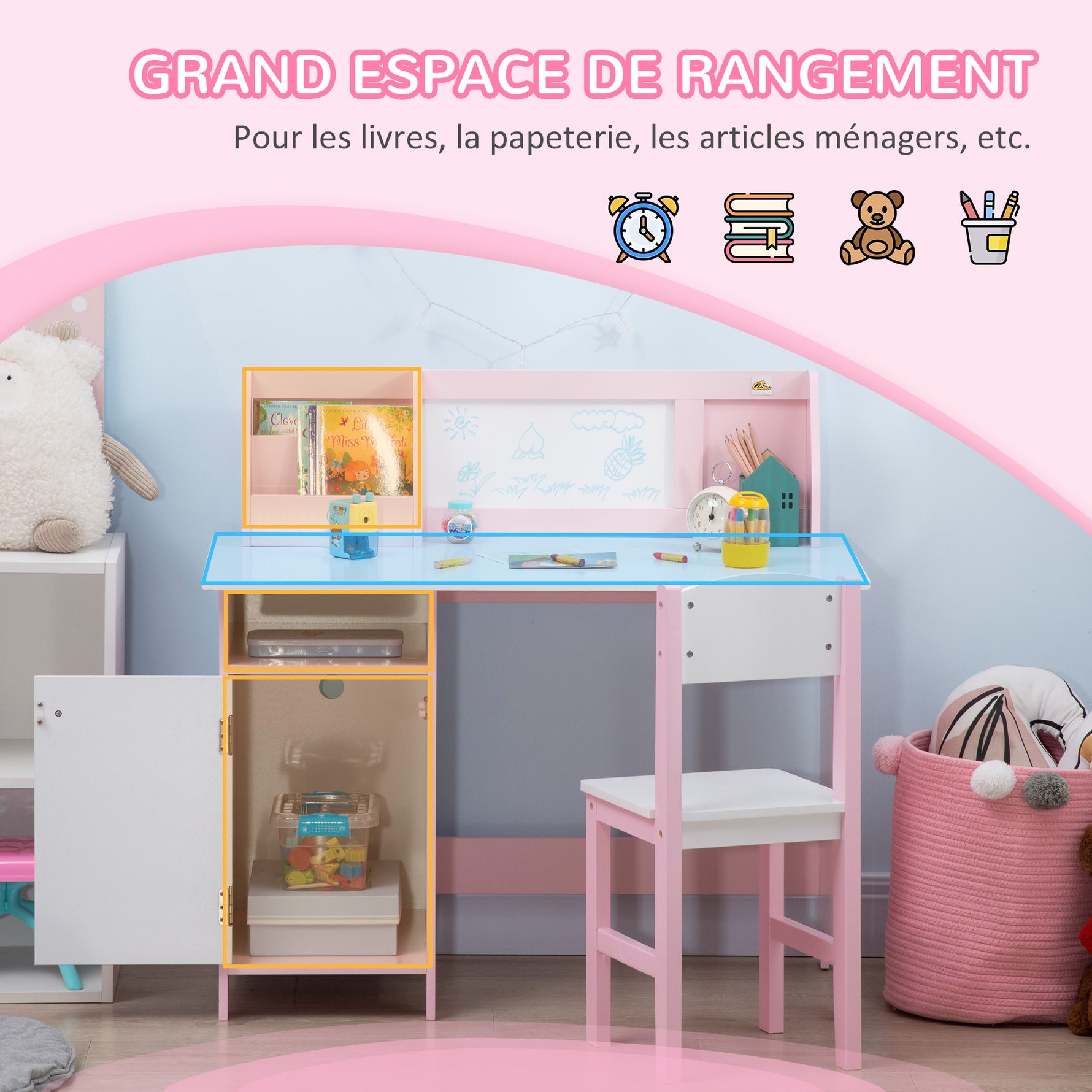 Ensemble table et chaise pour enfant avec tableau blanc - bureau pour enfant +5 ans - 90L x 45l x 85H cm rose