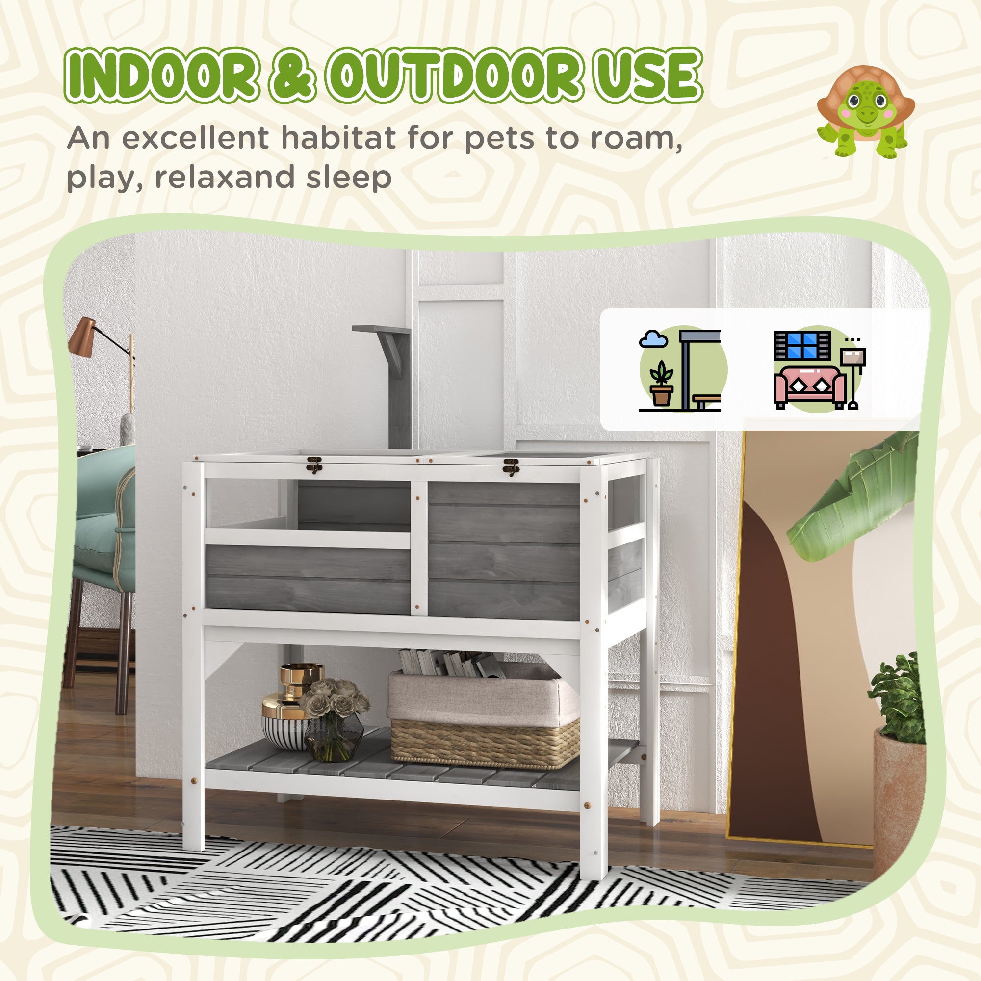 Raised wooden tortoise enclosure with storage shelf - 84 x 51 x 103 cm