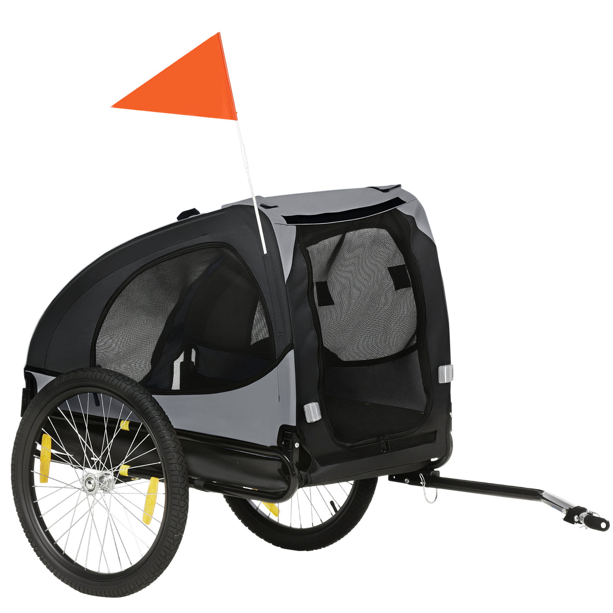 Rimorchio per bici per cani con finestre in rete, catarifrangenti e bandierina di sicurezza 140 x 71 x 83 cm nero