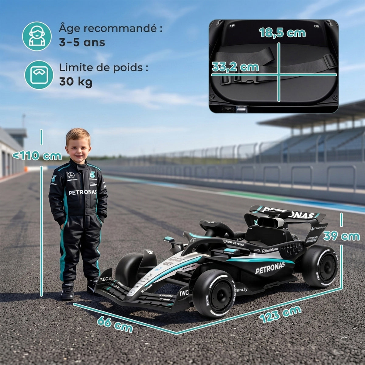 Kart Électrique Enfants 12V, Go Kart Mercedes-AMG PETRONAS F1 avec 2 Moteurs, Télécommande, 3 Vitesses, Noir