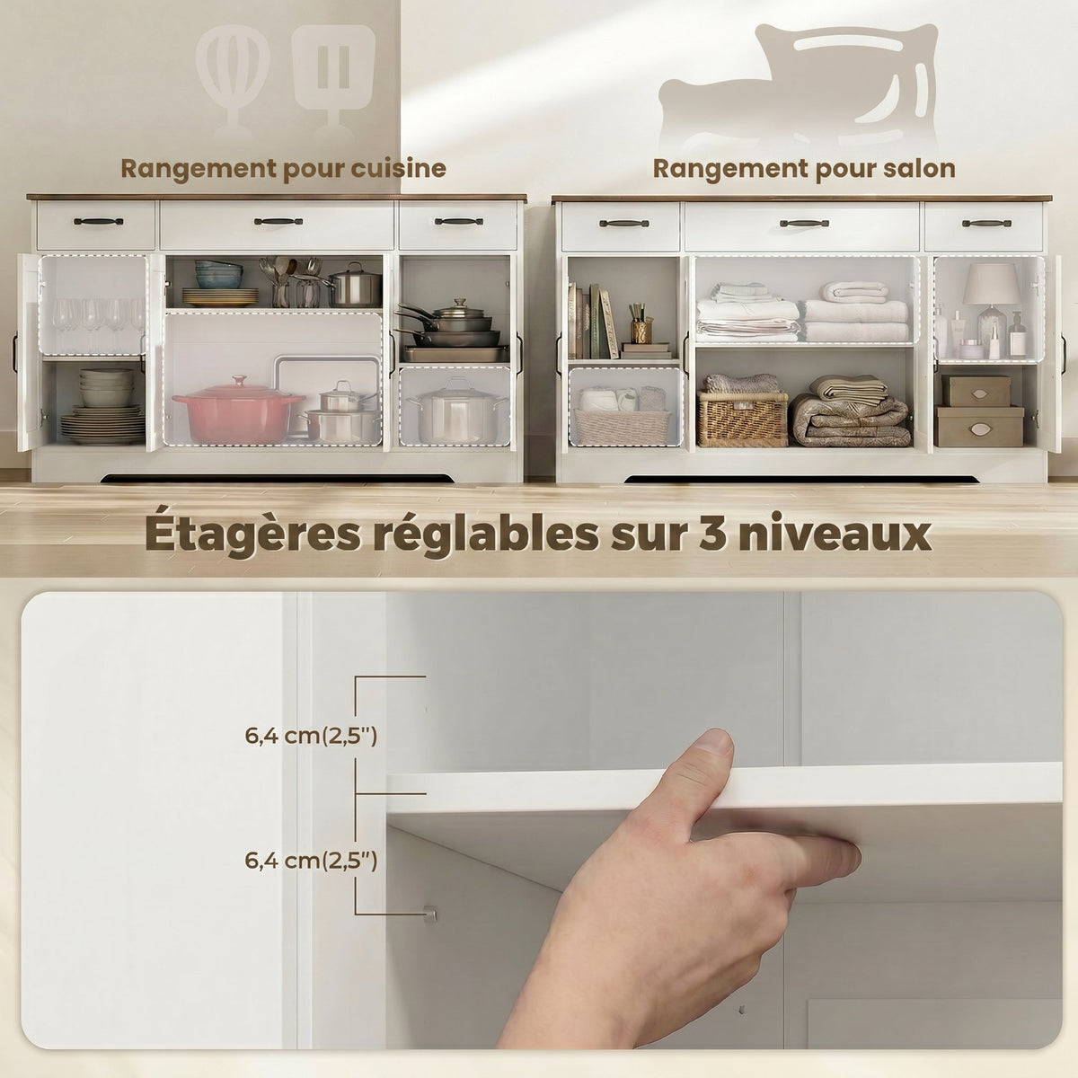 Credenza, mobile da cucina stile rustico con 4 ante a granaio, 3 cassetti, ripiani regolabili, bianco