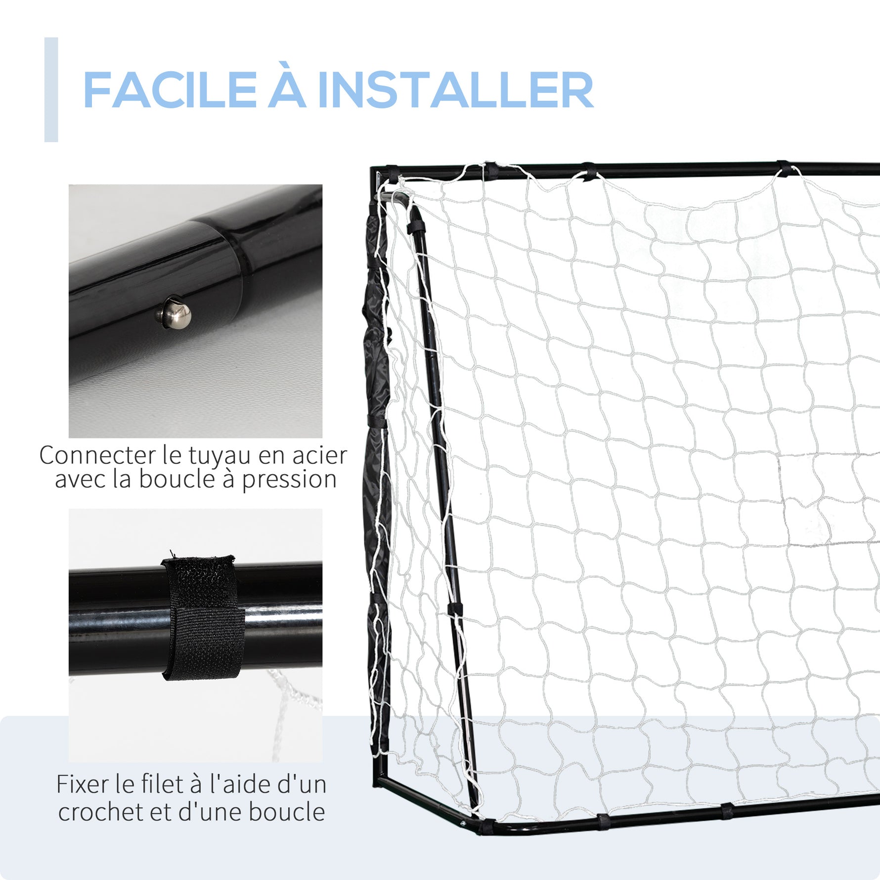 But de football cage de foot châssis métal filet PE piquets & outil inclus dim. 186L x 62l x 123H cm noir blanc
