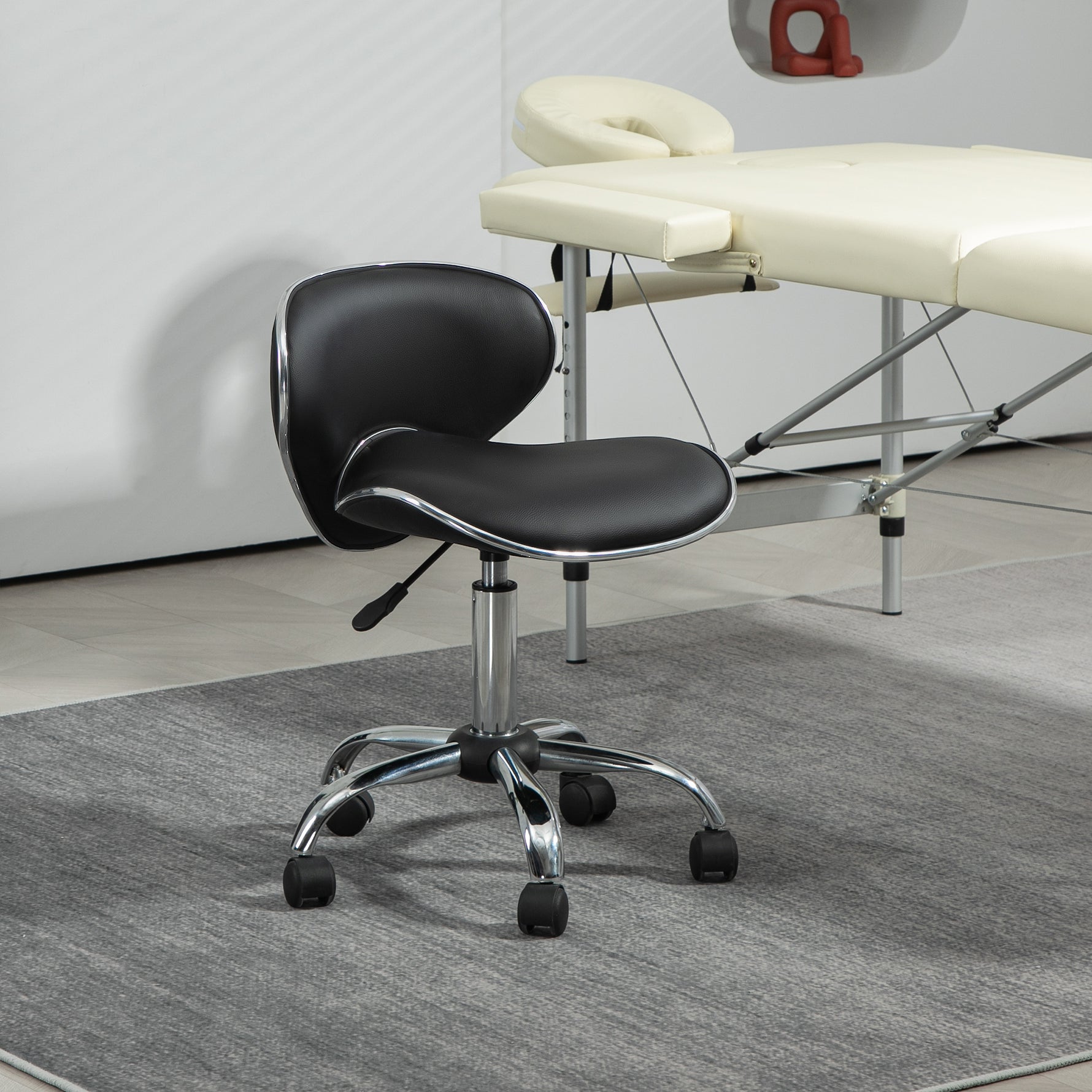 Tabouret à roulettes tabouret de travail avec hauteur réglable 44-56 cm et dossier, pivotant 360°, noir