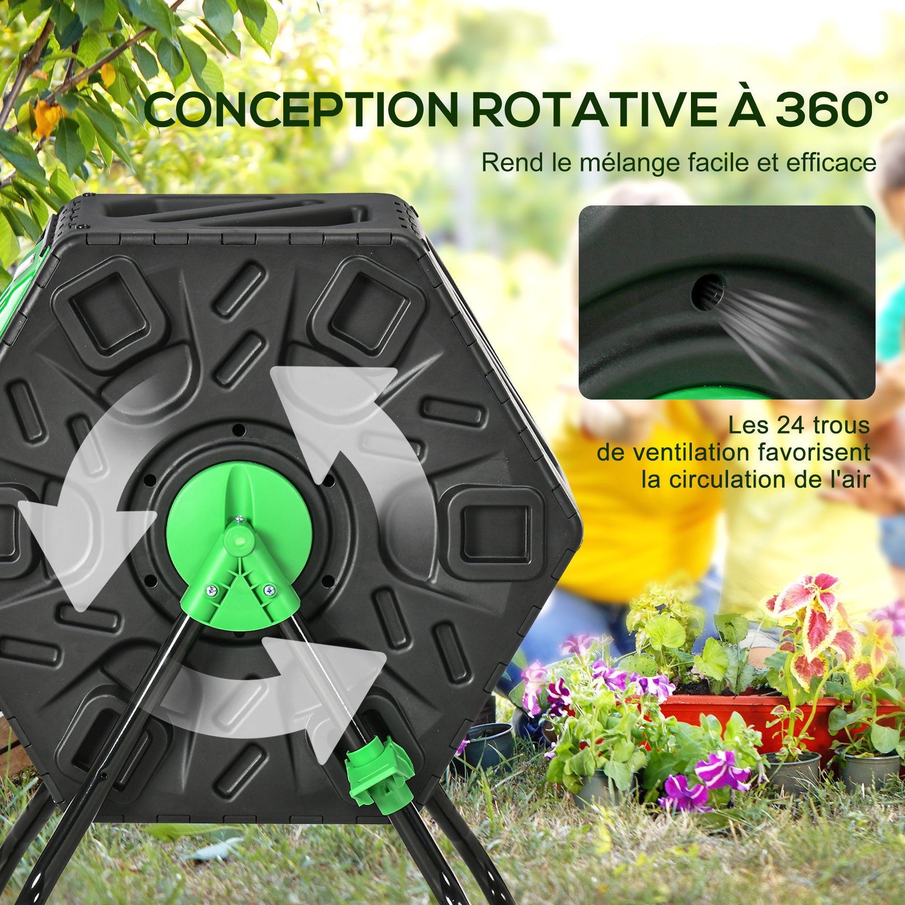 Composteur de jardin bac composteur pour jardin rotatif 360° en polypropylène 65 L 24 trous 60 x 49 x 77 cm noir
