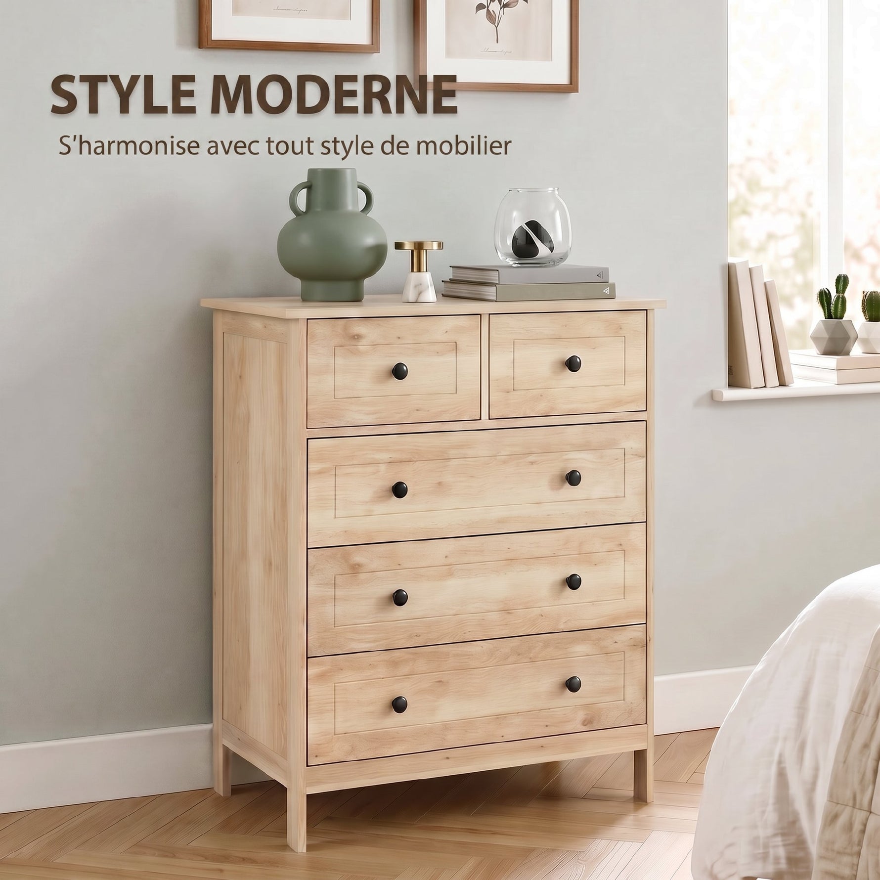 Commode meuble de rangement 5 tiroirs pour chambre, bureau, entrée, chêne et poignée métal noir