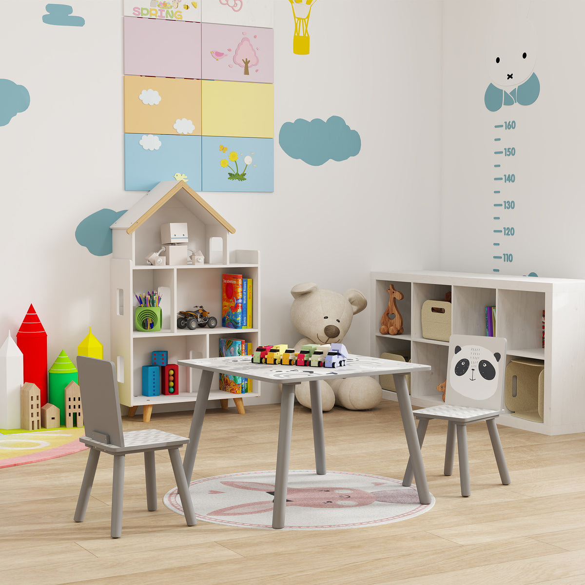 Kindertisch- und Stuhlset, Kindertisch mit 2 Stühlen, Tiermotiv für das Kinderzimmer grau