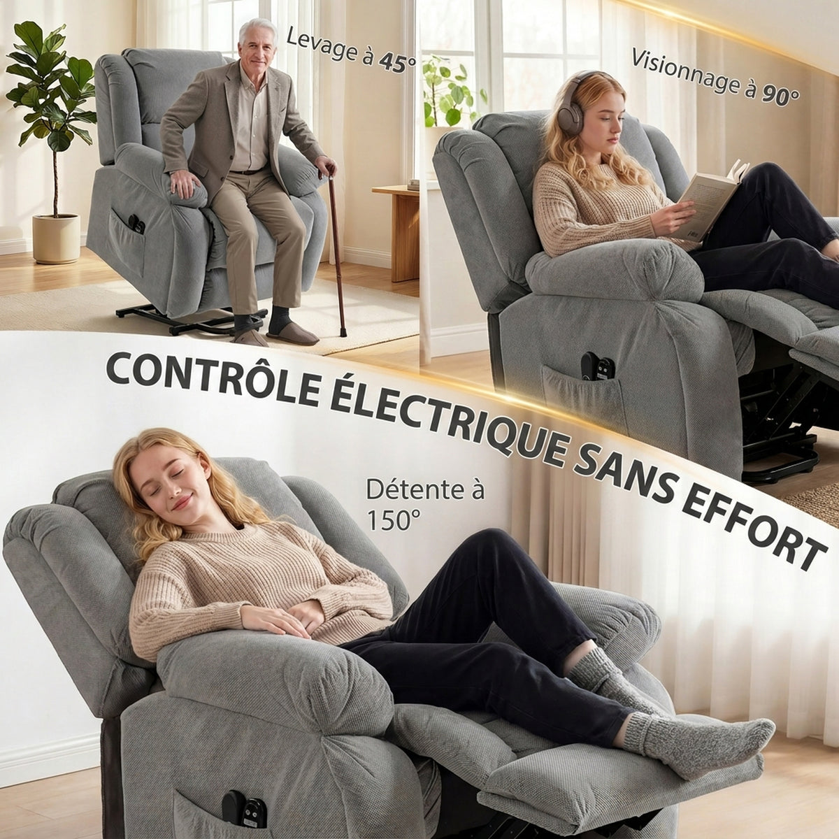 Fauteuil releveur électrique massage et chauffage avec repose-pied, dossier inclinable, télécommande et poche latérale