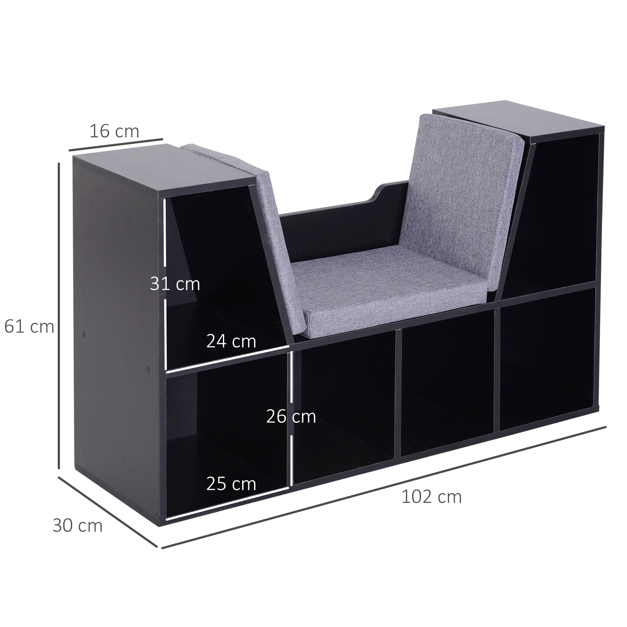 Bibliothèque banc 2 en 1 avec coussins de siège, étagère cube 6 compartiments ouverts et 2 niveaux, meuble de rangement pour salon, chambre à coucher, bureau, 102 x 30 x 61 cm, noir
