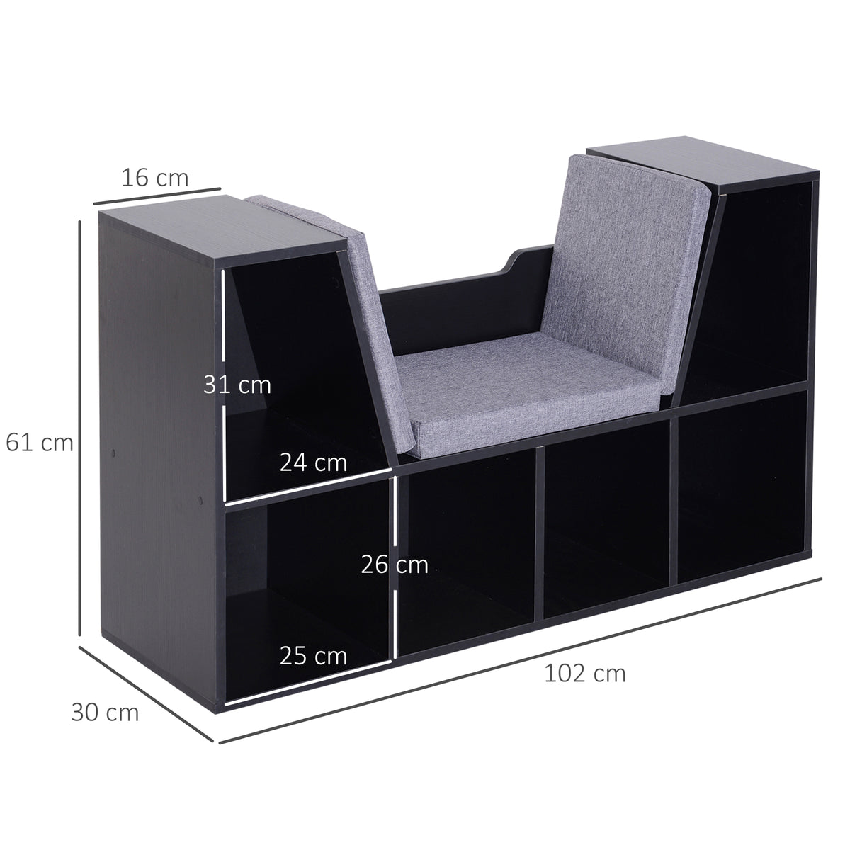 Bibliothèque banc 2 en 1 avec coussins de siège, étagère cube 6 compartiments ouverts et 2 niveaux, meuble de rangement pour salon, chambre à coucher, bureau, 102 x 30 x 61 cm, noir