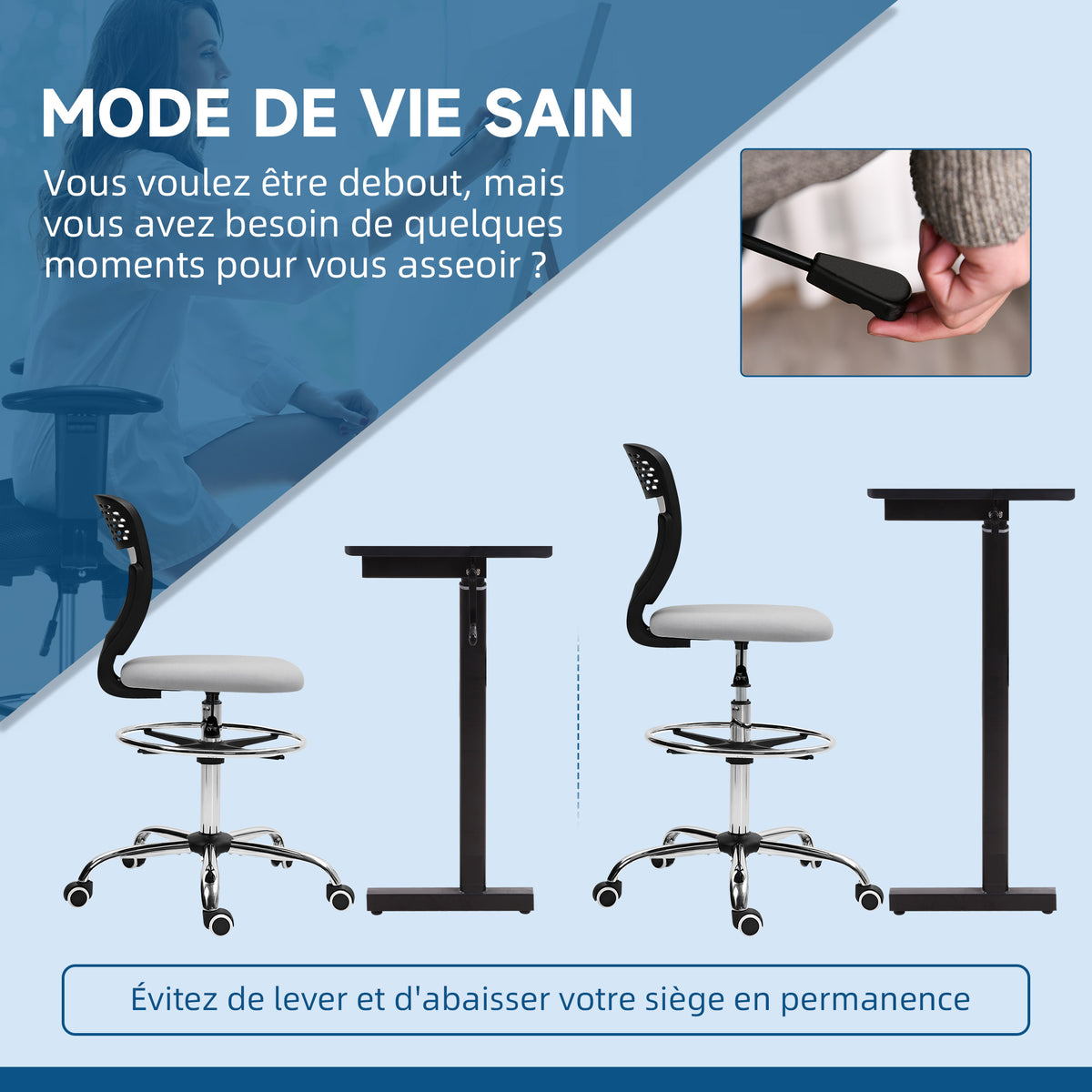 Chaise de bureau ergonomique en maille, chaise de dessin, hauteur et repose-pieds réglable, 59 x 59 x 106-126 cm, gris