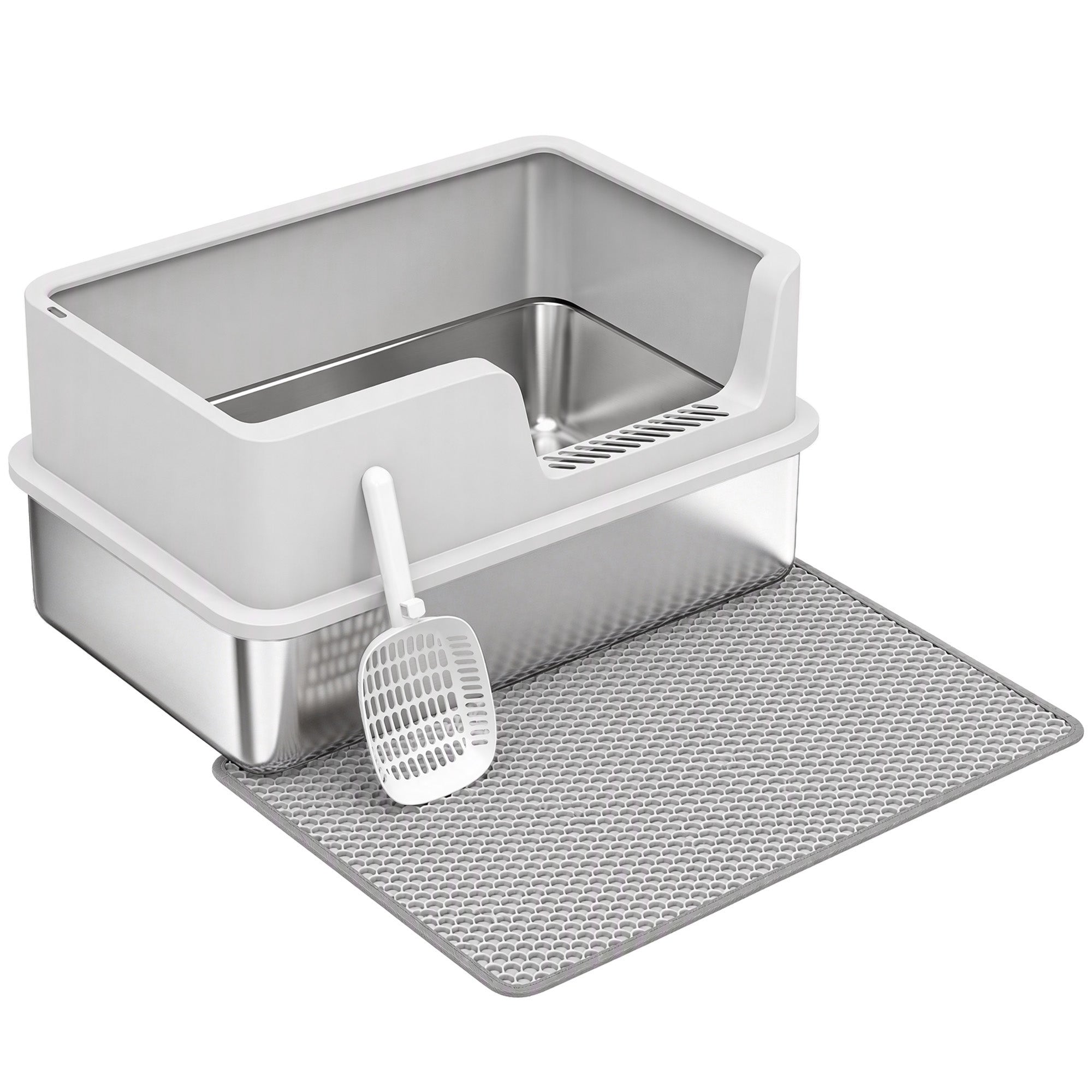 Bac Litière pour Chat en INOX Couvercle Bords Hauts Pelle et Tapis Anti-Adhérent Anti-Odeurs 60x40x30cm Gris Clair