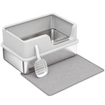 Bac Litière pour Chat en INOX Couvercle Bords Hauts Pelle et Tapis Anti-Adhérent Anti-Odeurs 60x40x30cm Gris Clair