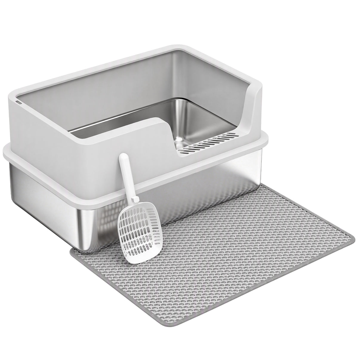 Bac Litière pour Chat en INOX Couvercle Bords Hauts Pelle et Tapis Anti-Adhérent Anti-Odeurs 60x40x30cm Gris Clair
