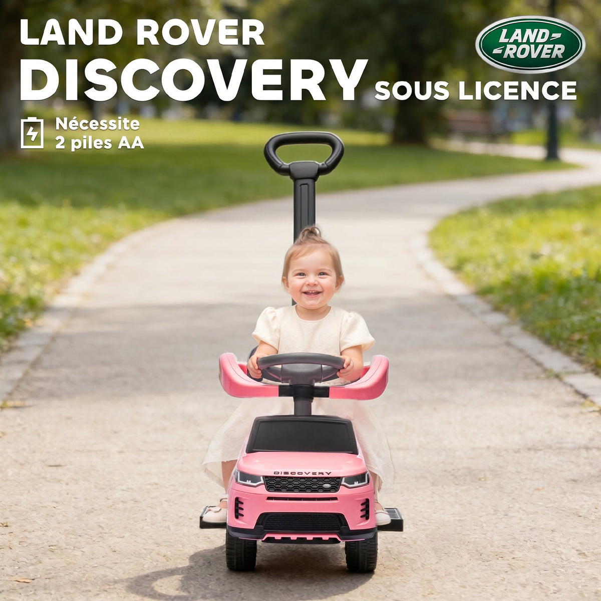 Porteur enfants Land Rover Discovery sous licence, porteur voiture à pousser avec poignée amovible, 84x40x94,5cm, rose