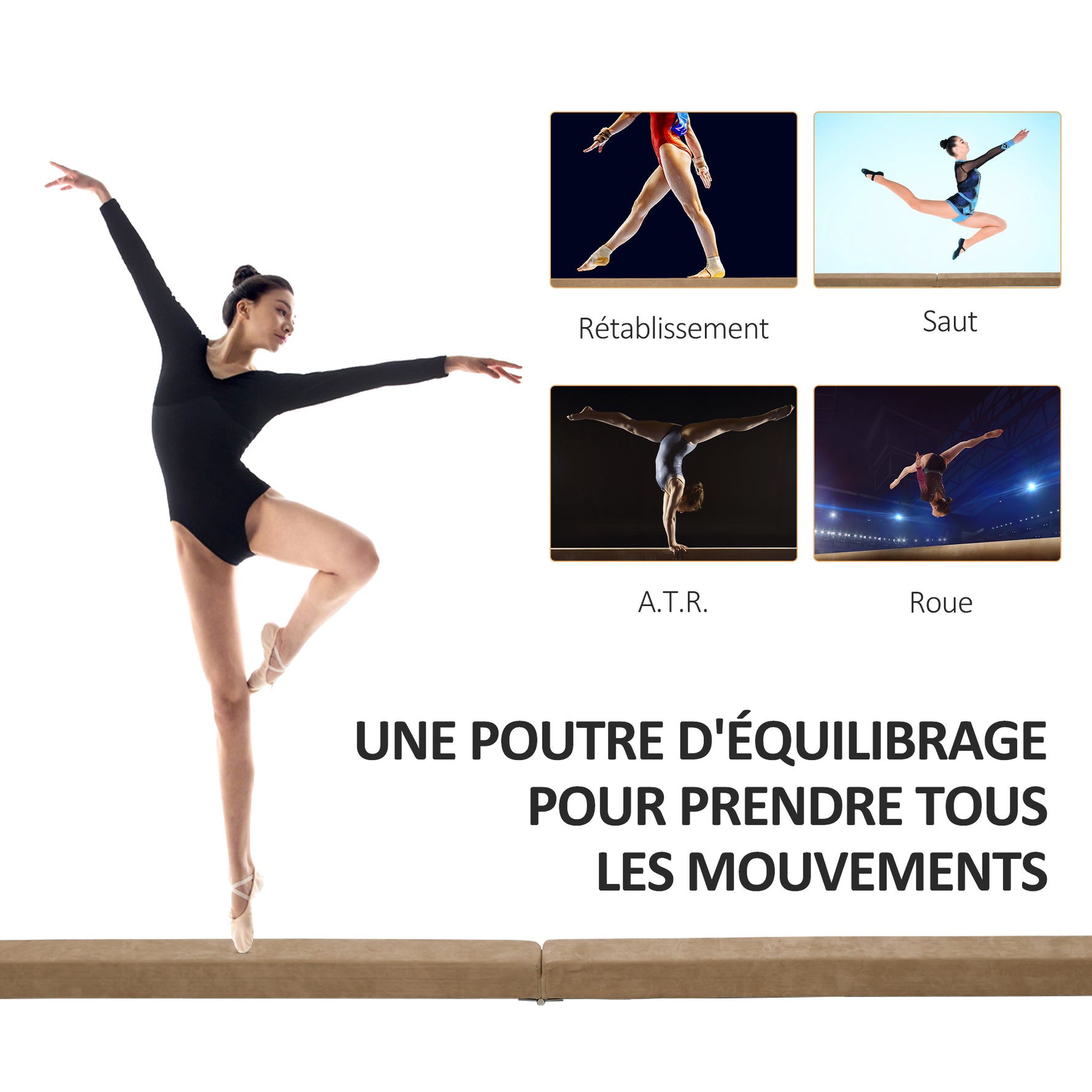 Poutre de gymnastique pliable 210 cm antidérapant, poutre gymnastique pour entraînement à l'équilibre, marron