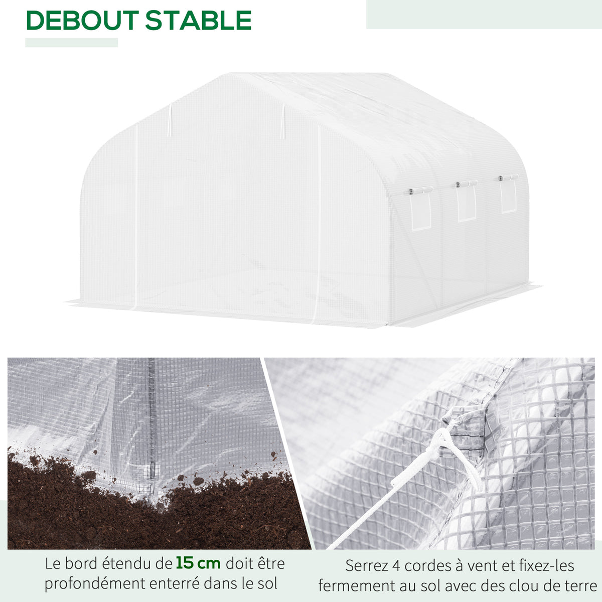 Serre Tunnel de Jardin 10,5 m² dim. 3,5L x 3l x 2H m Porte + 6 fenêtres enroulables Acier galvanisé bâche PE Haute densité Blanc