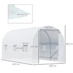 Serre tunnel de jardin 9m², serre de jardin tunnel avec porte et 6 fenêtres, bâche PE 140 g/m² 445 x 200 x 200 cm blanc